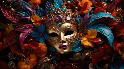 Mardi Gras party design with colorful mask and feathers in 3d, carnival and masquerade concept - obrazy, fototapety, plakaty