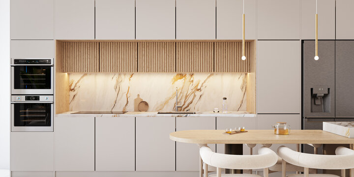 Cocina moderna con desayunador en colores blancos y maderados, con muebles de hornos