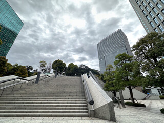 Staircase leading to the Tokyo Hie Shrine, overcast day, Japan on March 24, 2023