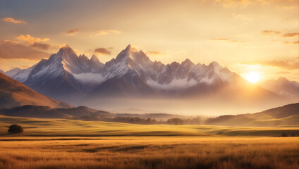 A golden hour landscape with majestic mountains, peaceful scene