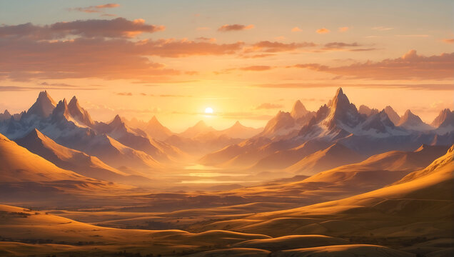 A diverse golden hour landscape, with mountains and setting sun