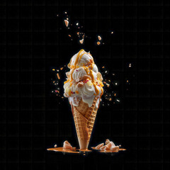 A delicious ice cream cone topped with various colorful toppings and syrup, melting and dripping down the sides.
