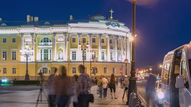 Russian Constitutional Court Building Timelapse near Monument to Peter I, Boris Yeltsin Library, Night Illumination and Traffic. Saint-Petersburg, Russia