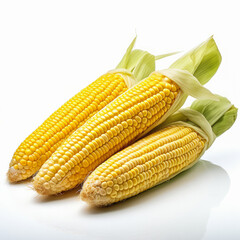 Fresh Corn on the Cob. Golden corn cob with glistening kernels and green husk in the white background.