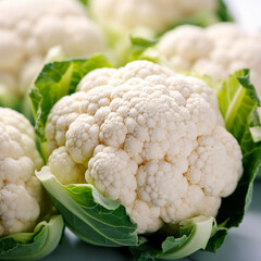  Fresh Cauliflower with Leaves. Pristine cauliflower head encased in lush green leaves isolated on a white background.

