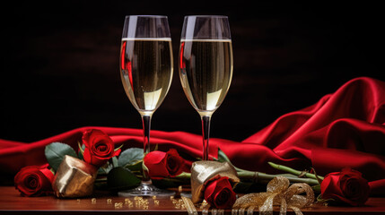 Two glasses of white wine on a table with a romantic ambiance, suggesting a celebration of a valentines day.