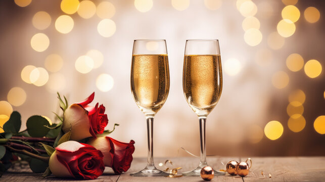 Two glasses of white wine on a table with a romantic ambiance, suggesting a celebration of a valentines day.