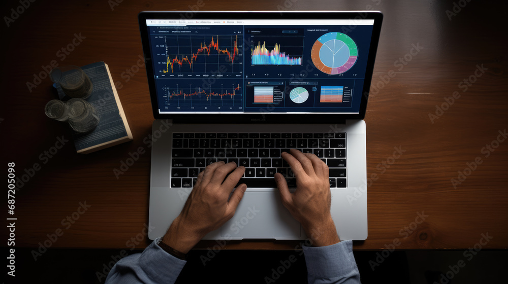 Aufkleber man analyzing stock market data with charts and graphs, indicating financial trading and analysis.