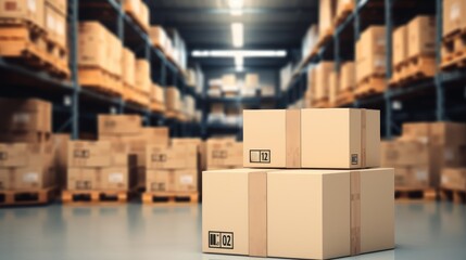 Cardboard boxes stack, storage warehouse background. Logistics and products distribution
