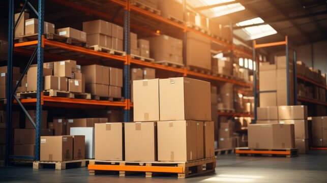Cardboard boxes stack, storage warehouse background. Logistics and products distribution