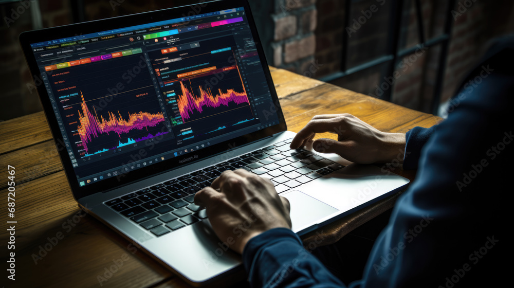 Poster man analyzing stock market data with charts and graphs, indicating financial trading and analysis.