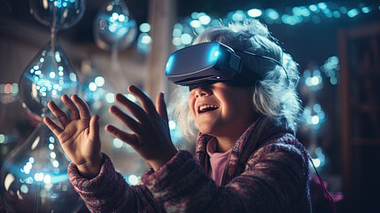 Child in awe with VR glasses, hands outstretched to touch virtual wonders. Magical virtual experience captured indoors.