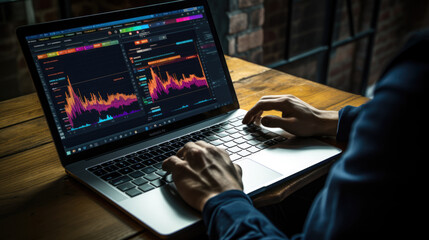 Man analyzing stock market data with charts and graphs, indicating financial trading and analysis.