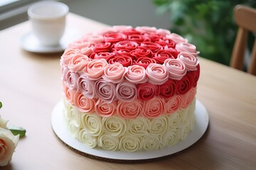  a rose color ombre cake designed with white frosting