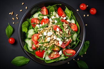  a salad with tomatoes, cucumbers, and pine nuts