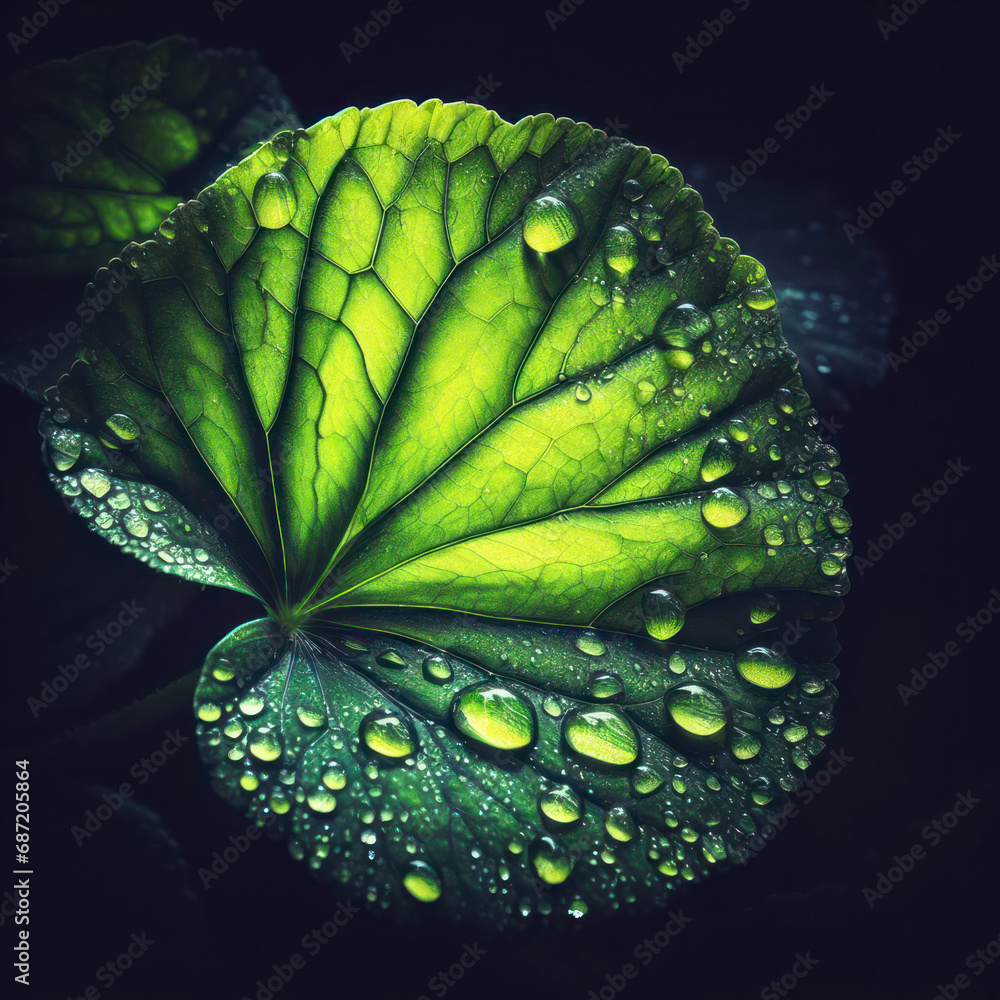 Aufkleber a photo of a leaf that has been altered using computer technology to show raindrops on it. ai genera