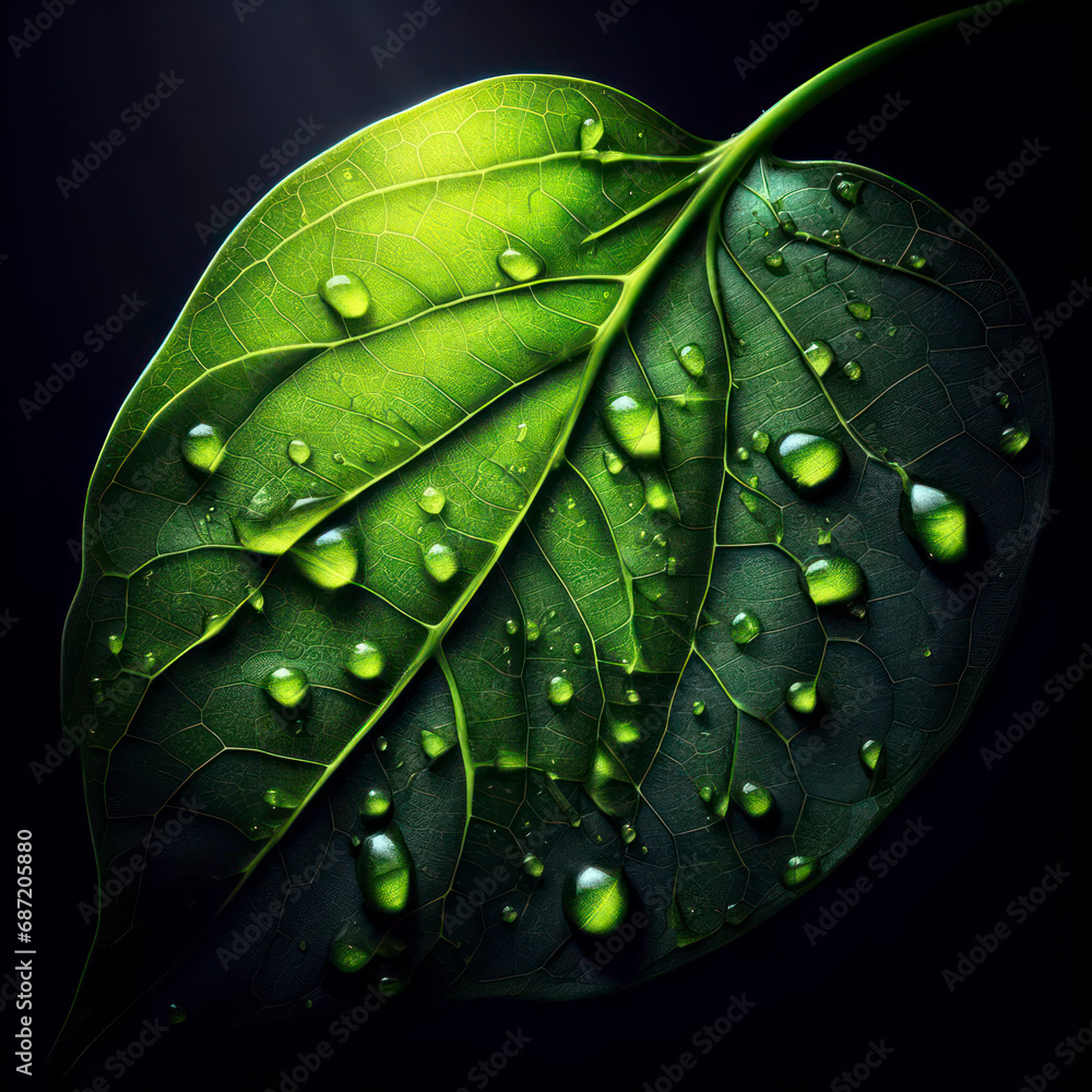 Aufkleber a photo of a leaf that has been altered using computer technology to show raindrops on it. ai genera