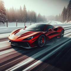 A luxury red sports car running in a road with snow. ai generative