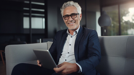 Cheerful senior man with glasses and silver hair is sitting on a sofa, smiling while looking at a tablet against office background