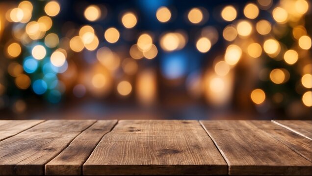 Empty wooden table top with defocused bokeh Christmas Fair lights background