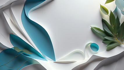 Abstract 3D background on a white surface inspired by nature and the blue sky with plants