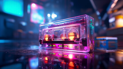 old cassette tape In a club with neon colors - obrazy, fototapety, plakaty