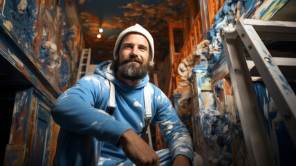 Craftsman with facial hair sits indoors and looks at the camera for a portrait