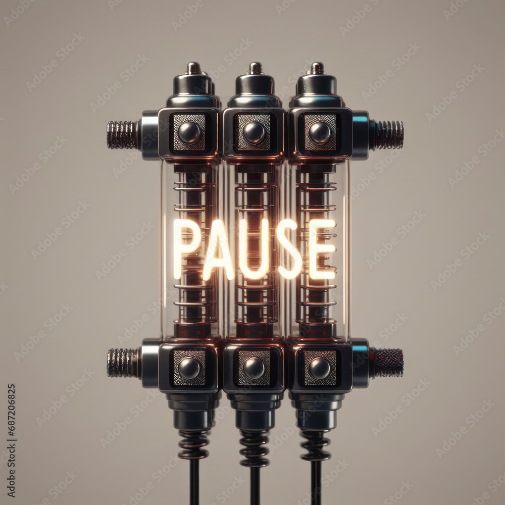 Poster pause. pause button. pause icon. nixie tube indicator. gas discharge indicators and lamps. 3d render