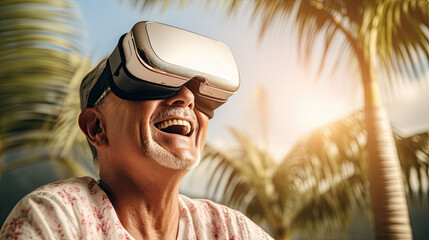 A joyful senior man wears a virtual reality headset, experiencing the thrill of VR technology in a tropical setting.