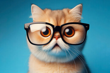 photo of a real animal surprised cat wear glasses on solid blue background. ai generative