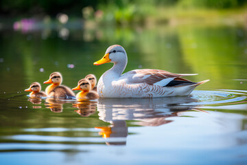 A serene family of ducks glides across a calm pond, creating a perfect mirrored reflection on the water's surface.