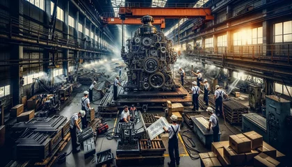 Fotobehang Industrial Manufacturing Floor with Workers and Heavy Machinery   © Epik Stock