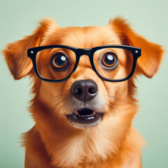 photo of a real animal surprised funny dog wear glasses on solid green pastel background. ai generative