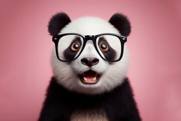 photo of a real animal surprised panda wear glasses on solid pink background. ai generative - obrazy, fototapety, plakaty