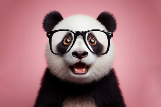 photo of a real animal surprised panda wear glasses on solid pink background. ai generative