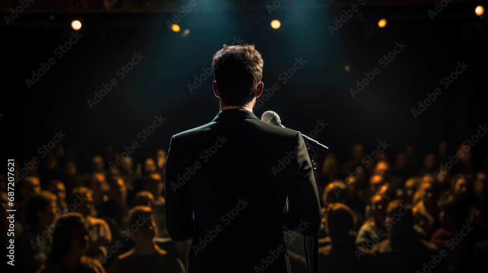 Aufkleber man in a suit speaking into a microphone in front of an audience in a dark auditorium.