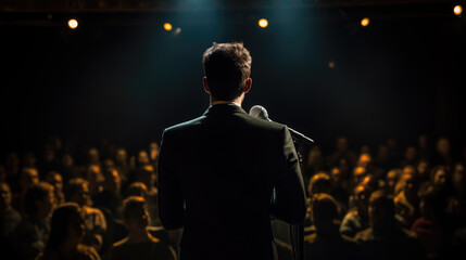 Fototapeta na wymiar Man in a suit speaking into a microphone in front of an audience in a dark auditorium.