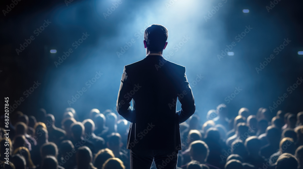 Poster man in a suit speaking into a microphone in front of an audience in a dark auditorium.