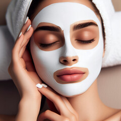 Woman with eyes closed and facial mask on face in SPA, Face and body care, relaxation and mental health. ai generative