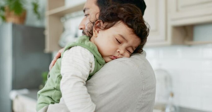 Father, baby and sleeping on shoulder in home with love, care and support. Dad carrying tired, young and calm infant kid for nap, childhood development and singing lullaby for comfort in family house