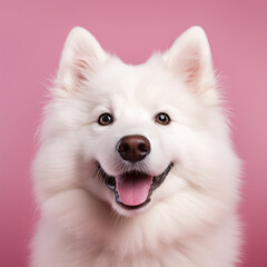 Fototapeta premium Samoyed husky on a pink background. dog, pet, animal. portrait close-up.