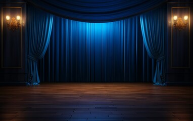 Elegant Blue Theater Curtains with Wooden Stage - obrazy, fototapety, plakaty