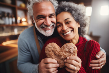 Multiracial Mature, Elderly, Senior Couple Smiling Holding Heart Shaped Cookie, Healthy Aging, Symbol of Love, Charity and Helping Others, Positive Feelings,  Empathy and Kindness.