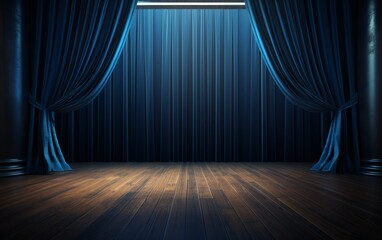 Elegant Blue Theater Curtains with Wooden Stage - obrazy, fototapety, plakaty
