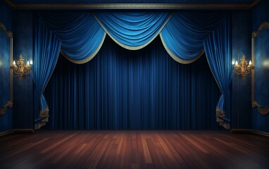 Elegant Blue Theater Curtains with Wooden Stage