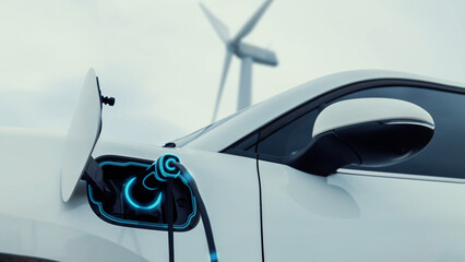 Electric car recharging energy from charging station by smart EV charger in wind turbine farm with...