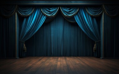 Elegant Blue Theater Curtains with Wooden Stage
