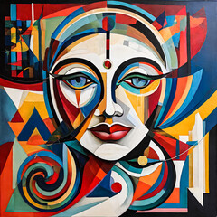 Fototapeta premium Geometric Woman in Vibrant Colors, Abstract Head with Shapes, Colorful Circles and Triangles Portrait, Modern Artistic Female Portrait, Mosaic of Shapes Woman's Head.