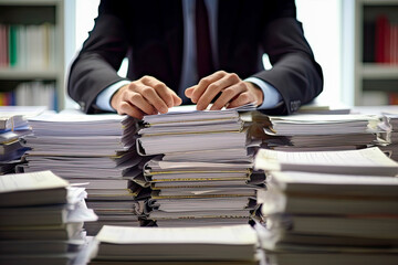 Man office worker holding and writing documents on office desk. Stack of business overload paper. Document achieves, busy working businessman