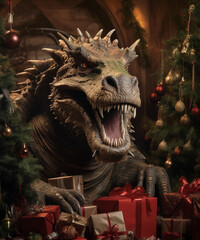 Dragon near the Christmas tree with gifts